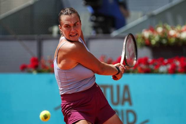 May 2, 2023, MADRID, MADRID, SPAIN: Aryna Sabalenka of Belarus in action against Mayar Sherif of Egypt during the Mutua Madrid Open 2023 celebrated at Caja Magica on May 02, 2023 in Madrid, Spain. MADRID SPAIN - ZUMAa181 20230502_zaa_a181_159 Copyright: xIrinaxR.xHipolitox