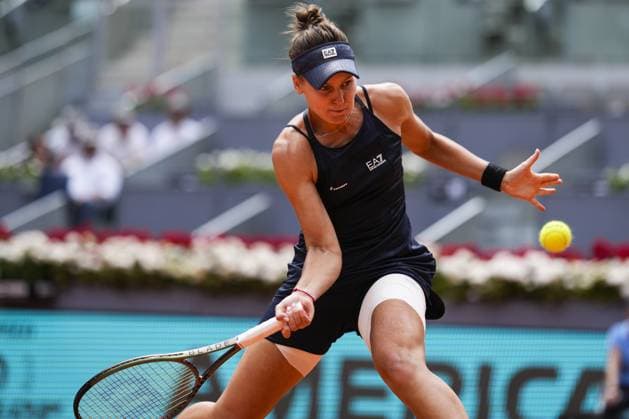 Veronika Kudermetova of Russia returns a shot to Jessica Pegula of the U.S. during their quarter final match on day 8 of the Mutua Madrid Open at the Caja Magica stadium, in Madrid, Spain, on Wednesday, May 3, 2023.  PDH20230503016 PaulxHanna