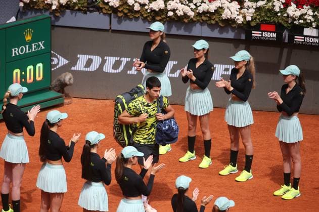 Carlos Alcaraz of Spain during the Mutua Madrid Open 2023, ATP, Tennis Herren Masters 1000 tennis tournament on May 3, 2023 at Caja Magica in Madrid, Spain TENNIS : Open Mutua Madrid 2023 - 03 05 2023 LaurentLairys Panoramic 