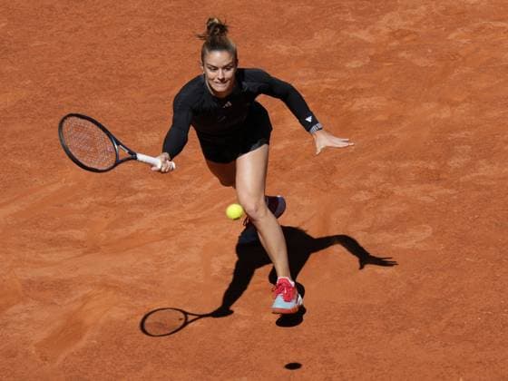 Maria Sakkari of Greece returns a shot to Aryna Sabalenka of Belarus during their semi-final match of the Mutua Madrid Open at the Caja Magica stadium, in Madrid, Spain, on Thursday, May 4, 2023.  PDH20230504063 PaulxHannaMUTUAxMADRIDxOPEN