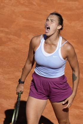 Aryna Sabalenka of Belarus reacts after winning a point against Maria Sakkari of Greece during their semi-final match of the Mutua Madrid Open at the Caja Magica stadium, in Madrid, Spain, on Thursday, May 4, 2023.  PDH20230504050 PaulxHanna