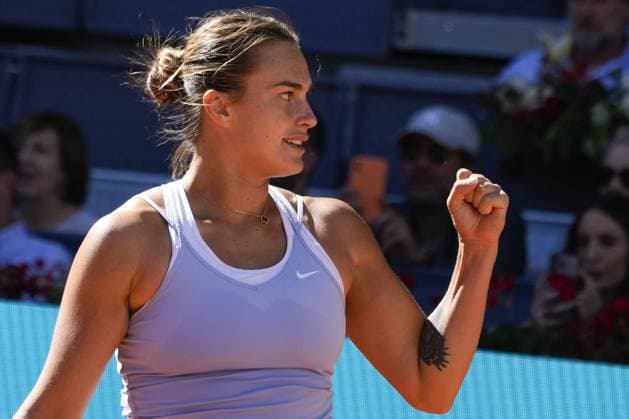 Aryna Sabalenka of Belarus celebrates winning her semi-final match against Maria Sakkari of Greece in the Mutua Madrid Open at the Caja Magica stadium, in Madrid, Spain, on Thursday, May 4, 2023.  PDH202305040800 PaulxHanna