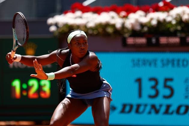 May 5, 2023, MADRID, MADRID, SPAIN: Coco Gauff of United States plays doubles with Jessica Pegula of United States against Marta Kostyuk of Ukraine and Elena-Gabriela Ruse of Romania during the Mutua Madrid Open 2023 celebrated at Caja Magica on May 05, 2023 in Madrid, Spain. MADRID SPAIN - ZUMAa181 20230505_zaa_a181_008 Copyright: xOscarxJ.xBarrosox