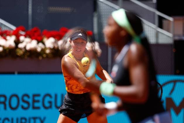 May 5, 2023, MADRID, MADRID, SPAIN: Jessica Pegula of United States plays doubles with Coco Gauff of United States against Marta Kostyuk of Ukraine and Elena-Gabriela Ruse of Romania during the Mutua Madrid Open 2023 celebrated at Caja Magica on May 05, 2023 in Madrid, Spain. MADRID SPAIN - ZUMAa181 20230505_zaa_a181_014 Copyright: xOscarxJ.xBarrosox