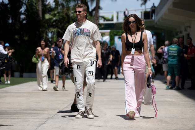 May 5, 2023, Miami, Florida, United States: NICO HULKENBERG (GER) of Haas F1 Team 27 with his wife EGLE RUSKYTE, arrives to the paddock at the Miami Grand Prix...Teams prepare to compete in the second running of America s second calendar F1 race, with a record breaking three Grand Prix events to be held in America this year in Miami, Austin and Las Vegas, owing to the growing popularity of the thanks to Netflix s Drive to Survive Docuseries. Aston Martin, Ferrari and others plan on trying to challenge Red Bull Oracle Racing s Max Verstappen s dominance over the 2023 season. Motorsports, open wheel racing, Liberty Media. Miami United States - ZUMAb177 20230505_zap_b177_050 Copyright: xTaidghxBarronx