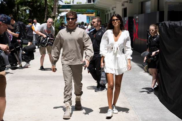 May 5, 2023, Miami, Florida, United States: PIERRE GASLY (FRA) of Alpine 10 with his girlfriend FRANCISCA GOMES arrives to the paddock at the Miami Grand Prix...Teams prepare to compete in the second running of America s second calendar F1 race, with a record breaking three Grand Prix events to be held in America this year in Miami, Austin and Las Vegas, owing to the growing popularity of the thanks to Netflix s Drive to Survive Docuseries. Aston Martin, Ferrari and others plan on trying to challenge Red Bull Oracle Racing s Max Verstappen s dominance over the 2023 season. Motorsports, open wheel racing, Liberty Media. Miami United States - ZUMAb177 20230505_zap_b177_063 Copyright: xTaidghxBarronx