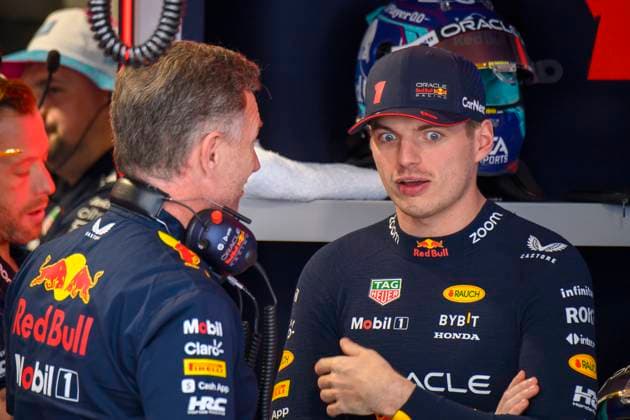 5th May 2023: Miami International Autodrome, Miami Gardens, Florida, USA: Formula 1 Crypto.com Miami Grand Prix 2023: Free Practice Day: Oracle Red Bull Racing driver Max Verstappen reacts as he talks with Oracle Red Bull Racing team principle Christian Horner in the garage during a practice session.  ActionPlus12505294 DouglasxMurray