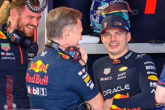 5th May 2023: Miami International Autodrome, Miami Gardens, Florida, USA: Formula 1 Crypto.com Miami Grand Prix 2023: Free Practice Day: Oracle Red Bull Racing driver Max Verstappen laughs as he talks with Oracle Red Bull Racing team principle Christian Horner in the garage during a practice session.  ActionPlus12505297 DouglasxMurray