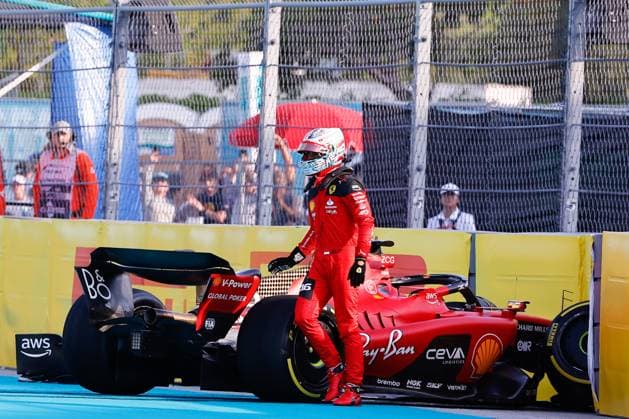 MIAMI GARDENS, FL - MAY 05: Charles Leclerc 16 of Team Monaco and Scuderia Ferrari climbs out of the car after hitting the barrier during practice for the F1 Crypto.com Miami Grand Prix on May 5, 2023 at Miami International Autodrome in Miami Gardens, Florida. (Photo by Rich Graessle Icon Sportswire) AUTO: MAY 05 F1 Crypto.com Miami Grand Prix EDITORIAL USE ONLY Icon23050514528