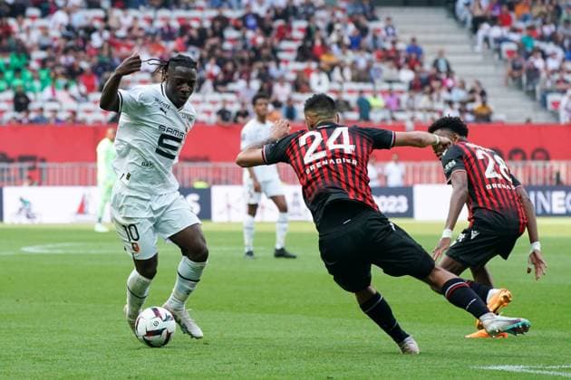 Jeremy Doku (Stade Rennais) - GaÃ«tan Laborde (OGC Nice) - Hicham Boudaoui (OGC Nice) FOOTBALL : OGC Nice vs Stade Rennais - Ligue 1 Uber Eats - Nice - 06 05 2023 NorbertScanella Panoramic 