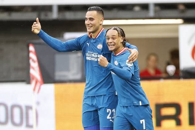 ROTTERDAM, 6-5-23, Stadium het Kasteel, Dutch eredivisie, 2022 2023, Sparta - PSV, Anwar el Ghazi and Xavi Simons celebrate the 0-1 Sparta - PSV  x20824067x Copyright: