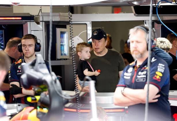 Elon Musk with son X AE A-XII, F1 Grand Prix of Miami at Miami International Autodrome on May 6, 2023 in Miami, United States of America. (Photo by HOCH ZWEI) Miami United States of America