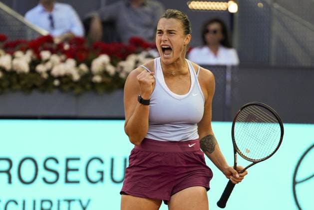 Aryna Sabalenka of Belarus reacts after winning a point against Iga Swiatek of Poland during the final of the 2023 Mutua Madrid Open at the Caja Magica stadium, in Madrid, Spain, on Saturday, May 6, 2023.  PDH20230506008 PaulxHanna