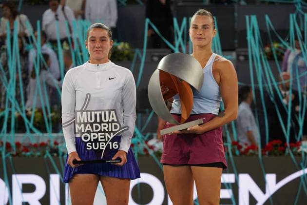 Aryna Sabalenka of Belarus holds her trophy on the podium after winning the 2023 Mutua Madrid Open against Iga Swiatek of Poland at the Caja Magica stadium, in Madrid, Spain, on Saturday, May 6, 2023 Cordon Press