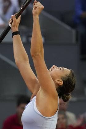 Aryna Sabalenka of Belarus celebrates winning the 2023 Mutua Madrid Open against Iga Swiatek of Poland at the Caja Magica stadium, in Madrid, Spain, on Saturday, May 6, 2023.  PDH20230506015 PaulxHanna