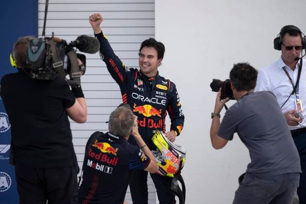 May 6, 2023, Miami, Florida, United States: SERGIO PEREZ (MEX) of Red Bull Racing 11 celebrating qualifying on pole. Checo finished on pole during a chaotic end to the Q3 session that saw Charles Leclerc spin into the barriers causing a red flag ending the qualifying session early. ..Teams prepare to compete in the second running of America s second calendar F1 race, with a record breaking three Grand Prix events to be held in America this year in Miami, Austin and Las Vegas, owing to the growing popularity of the thanks to Netflix s Drive to Survive Docuseries. Aston Martin, Ferrari and others plan on trying to challenge Red Bull Oracle Racing s Max Verstappen s dominance over the 2023 season. Motorsports, open wheel racing, Liberty Media. Miami United States - ZUMAb177 20230506_zap_b177_023 Copyright: xTaidghxBarronx