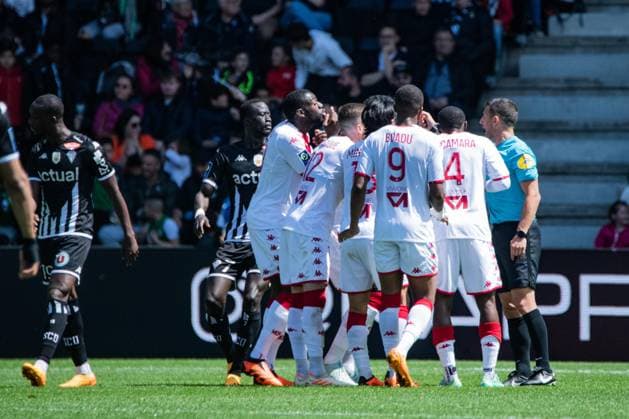 Contestation des Joueurs de Monaco aprÃ s le 1er but Angevins FOOTBALL : Angers SCO vs AS Monaco - Ligue 1 - Journee 34 - 07 05 2023 BaptisteAutissier Panoramic 