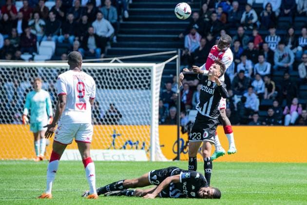 Adrien Hunou (ANGERS SCO) CÃ dric Hountondji (ANGERS SCO) Mohamed Camara (AS Monaco) FOOTBALL : Angers SCO vs AS Monaco - Ligue 1 - Journee 34 - 07 05 2023 BaptisteAutissier Panoramic 