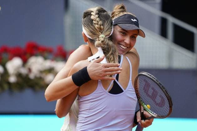 Doubles pair Victoria Azarenka of Belarus (L) and Beatriz Haddad Maia of Brazil embraces after winning the women s doubles final against Coco Gauff and Jessica Pegula of the U.S. in the Mutua Madrid Open at the Caja Magica stadium, in Madrid, Spain, on Sunday, May 7, 2023.  PDH20230507002 PaulxHanna
