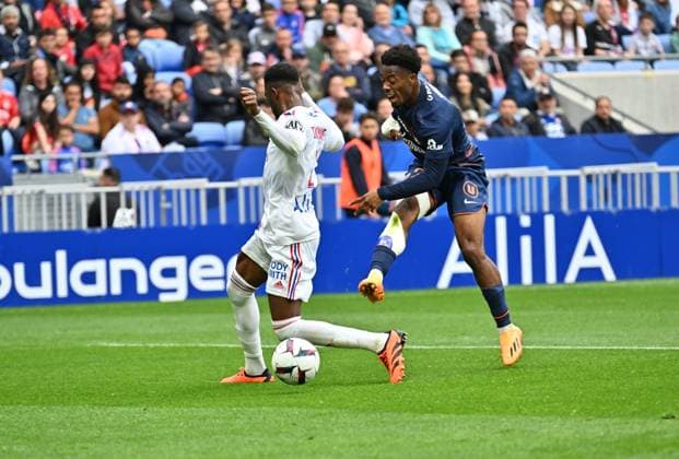 Sinaly Diomende (lyon) vs Christ Maouassa (montpellier) FOOTBALL: Olympique Lyonnais vs Montpellier HÃ rault Club - Ligue 1 - 07 05 2023 FredericChambert Panoramic 