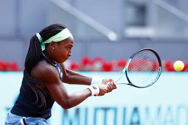 May 7, 2023, MADRID, MADRID, SPAIN: Coco Gauff of United States plays doubles with Jessica Pegula of United States against Beatriz Haddad Maia of Brazil and Victoria Azarenka of Belarus during the Doubles Final Women match during Mutua Madrid Open 2023 celebrated at Caja Magica on May 07, 2023 in Madrid, Spain. MADRID SPAIN - ZUMAa181 20230507_zaa_a181_105 Copyright: xOscarxJ.xBarrosox
