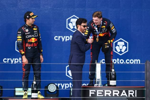 podium PEREZ Sergio (mex), Red Bull Racing RB19, BEN SULAYEM Mohammed (uae), President of the FIA, VERSTAPPEN Max (ned), Red Bull Racing RB19, portrait during the Formula 1 Crypto.com Miami Grand Prix 2023, 5th round of the 2023 Formula One World Championship, WM, Weltmeisterschaft from May 05 to 07, 2023 on the Miami International Autodrome, in Miami Gardens, Florida, United States of America - F1 - MIAMI GRAND PRIX 2023 - RACE DPPI Panoramic  00122011_AV3_4148