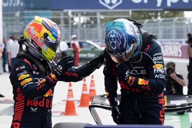 May 7, 2023, Miami, Florida, United States: SERGIO PEREZ (MEX) of Red Bull Racing 11 (left) congratulates MAX VERSTAPPEN (NED) of Red Bull Racing 1 (right) after the former won the Miami GP...Max Verstappen won the Formula 1 Crypto.com Miami Grand Prix after besting teammate Sergio Perez, who finished second. Fernando Alonso of Aston Martin made the podium, finishing P3...Red Bull Oracle Racing s Max Verstappen maintains his dominance over the 2023 season. Motorsports, open wheel racing, Liberty Media, F1. Miami United States - ZUMAb177 20230507_zap_b177_010 Copyright: xTaidghxBarronx