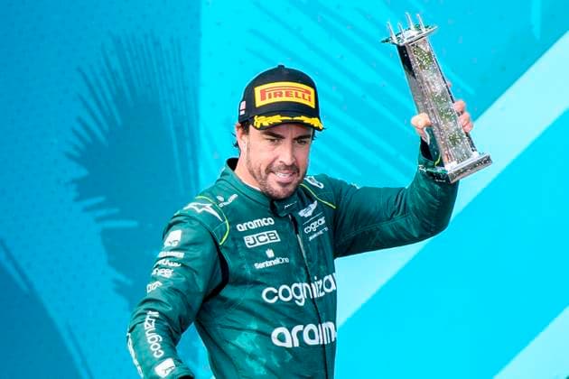 7th May 2023: Miami International Autodrome, Miami Gardens, Florida, USA: Formula 1 Crypto.com Miami Grand Prix 2023: Race Day: Aston Martin Aramco Cognizant driver Fernando Alonso celebrates with his third place trophy on the podium.  ActionPlus12507222 DouglasxMurray
