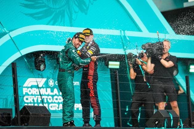 VERSTAPPEN Max (ned), Red Bull Racing RB19, ALONSO Fernando (spa), Aston Martin F1 Team AMR23, portrait podium during the Formula 1 Crypto.com Miami Grand Prix 2023, 5th round of the 2023 Formula One World Championship, WM, Weltmeisterschaft from May 05 to 07, 2023 on the Miami International Autodrome, in Miami Gardens, Florida, United States of America - F1 - MIAMI GRAND PRIX 2023 - RACE DPPI Panoramic  20230507_GOOD9148