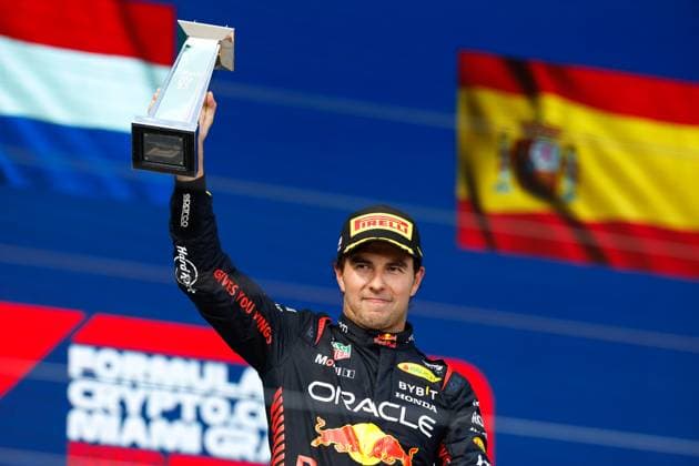 PEREZ Sergio (mex), Red Bull Racing RB19, portrait podium during the Formula 1 Crypto.com Miami Grand Prix 2023, 5th round of the 2023 Formula One World Championship, WM, Weltmeisterschaft from May 05 to 07, 2023 on the Miami International Autodrome, in Miami Gardens, Florida, United States of America - F1 - MIAMI GRAND PRIX 2023 - RACE DPPI Panoramic  F12023GP05USA_JK023207