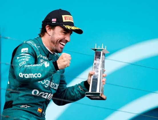 ALONSO Fernando (spa), Aston Martin F1 Team AMR23, portrait podium during the Formula 1 Crypto.com Miami Grand Prix 2023, 5th round of the 2023 Formula One World Championship, WM, Weltmeisterschaft from May 05 to 07, 2023 on the Miami International Autodrome, in Miami Gardens, Florida, United States of America - F1 - MIAMI GRAND PRIX 2023 - RACE DPPI Panoramic  F12023GP05USA_JK023270
