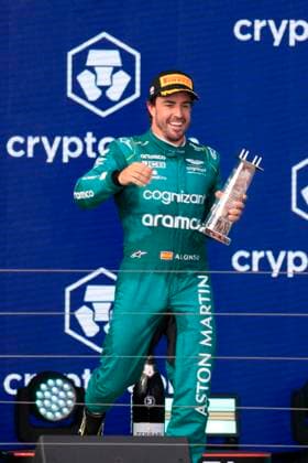 MIAMI GARDENS, FL - MAY 07: Aston Martin Aramco Cognizzant driver Fernando Alonzo 14 celebrates after the running of the Formula 1 Crypto.com Miami Grand Prix at Miami International Autodrome in Miami Gardens, FL. (Photo by Jeff Robinson Icon Sportswire) AUTO: MAY 07 F1 Crypto.com Miami Grand Prix EDITORIAL USE ONLY Icon23050746821