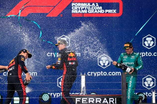 MIAMI GARDENS, FL - MAY 07: Oracle Red Bull Racing driver Sergio Perez 11 , Oracle Red Bull Racing Honda driver Max Verstappen 1 and Aston Martin Aramco Cognizzant driver Fernando Alonzo 14 spray champagne after the running of the Formula 1 Crypto.com Miami Grand Prix at Miami International Autodrome in Miami Gardens, FL. (Photo by Jeff Robinson Icon Sportswire) AUTO: MAY 07 F1 Crypto.com Miami Grand Prix EDITORIAL USE ONLY Icon23050747061