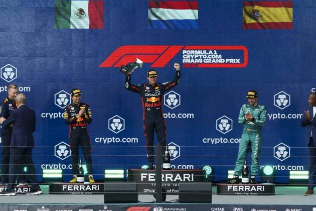 Dutch Formula One driver Max Verstappen of Red Bull Racing celebrates winning the Formula One Grand Prix? of Miami at the Miami International Autodrome in Miami Gardens, Florida on May 7, 2023.  MIA20230507710 GREGxNASH