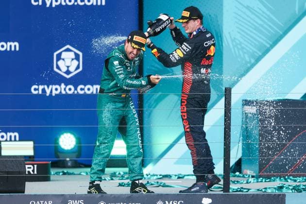 podium ALONSO Fernando (spa), Aston Martin F1 Team AMR23, VERSTAPPEN Max (ned), Red Bull Racing RB19, portrait during the Formula 1 Crypto.com Miami Grand Prix 2023, 5th round of the 2023 Formula One World Championship, WM, Weltmeisterschaft from May 05 to 07, 2023 on the Miami International Autodrome, in Miami Gardens, Florida, United States of America - F1 - MIAMI GRAND PRIX 2023 - RACE DPPI Panoramic  00122011_AV3_4356
