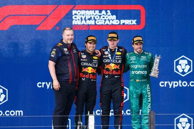 podium ALONSO Fernando (spa), Aston Martin F1 Team AMR23, VERSTAPPEN Max (ned), Red Bull Racing RB19, PEREZ Sergio (mex), Red Bull Racing RB19, portrait during the Formula 1 Crypto.com Miami Grand Prix 2023, 5th round of the 2023 Formula One World Championship, WM, Weltmeisterschaft from May 05 to 07, 2023 on the Miami International Autodrome, in Miami Gardens, Florida, United States of America - F1 - MIAMI GRAND PRIX 2023 - RACE DPPI Panoramic  00122011_AV3_4407