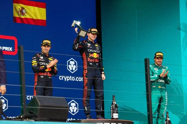 11 Sergio Perez (MEX, Oracle Red Bull Racing), 1 Max Verstappen (NLD, Oracle Red Bull Racing), 14 Fernando Alonso (ESP, Aston Martin Aramco Cognizant F1 Team), F1 Grand Prix of Miami at Miami International Autodrome on May 7, 2023 in Miami, United States of America. (Photo by HOCH ZWEI) Miami United States of America