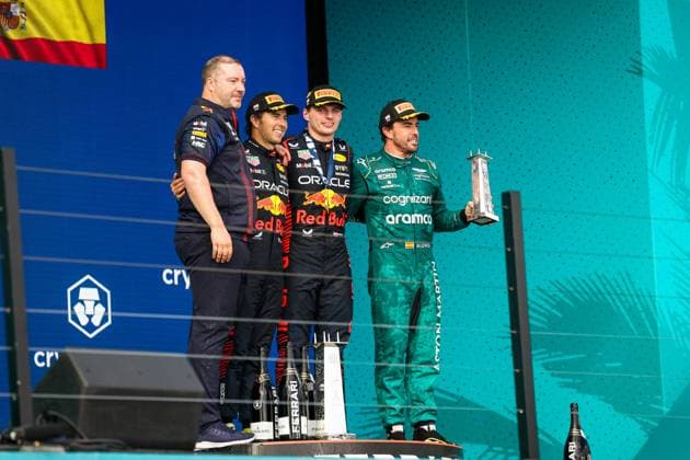 11 Sergio Perez (MEX, Oracle Red Bull Racing), 1 Max Verstappen (NLD, Oracle Red Bull Racing), 14 Fernando Alonso (ESP, Aston Martin Aramco Cognizant F1 Team), F1 Grand Prix of Miami at Miami International Autodrome on May 7, 2023 in Miami, United States of America. (Photo by HOCH ZWEI) Miami United States of America