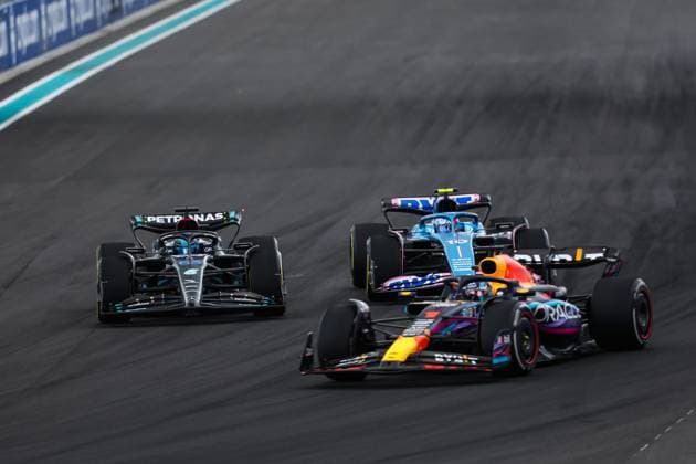 1 Max Verstappen (NLD, Oracle Red Bull Racing), 63 George Russell (GBR, Mercedes-AMG Petronas F1 Team), 10 Pierre Gasly (FRA, BWT Alpine F1 Team), F1 Grand Prix of Miami at Miami International Autodrome on May 7, 2023 in Miami, United States of America. (Photo by HOCH ZWEI) Miami United States of America