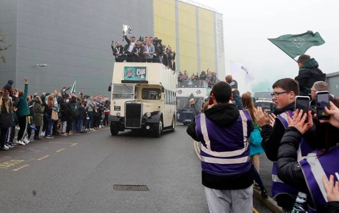 Plymouth Argyle promotion celebrations, Plymouth, UK 8 May 2023 The Plymouth Argyle promotion bus arrives at Home Park during Plymouth Argyle promotion celebrations on 8th May 2023 at Home Park, Plymouth, Devon - Plymouth Home Park Devon England Copyright: xDavexRowntree PPAUKx PPA-030101