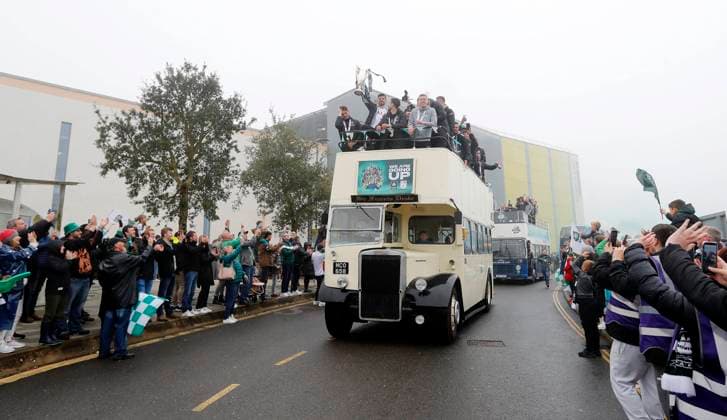 Plymouth Argyle promotion celebrations, Plymouth, UK 8 May 2023 The Plymouth Argyle promotion bus arrives at Home Park during Plymouth Argyle promotion celebrations on 8th May 2023 at Home Park, Plymouth, Devon - Plymouth Home Park Devon England Copyright: xDavexRowntree PPAUKx PPA-030102