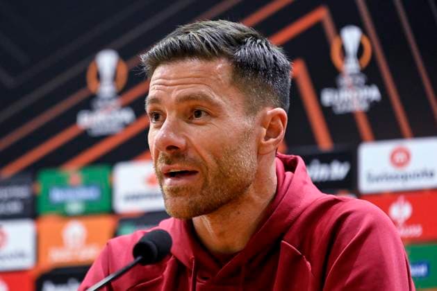 May 10, 2023, Rome: Leverkusen™s head coach Xavi Alonso, during a press conference, PK, Pressekonferenz prior to the Europa League Semi-Final soccer match between AS Roma and Bayern Leverkusen scheduled for tomorrow at the Olimpico Stadium in Rome, Italy, 10 May 2023. ANSA RICCARDO ANTIMIANI Europa League - Bayer Leverkusen press conference  - ZUMAa110 20230510_zaf_a110_081 Copyright: xRiccardoxAntimianix