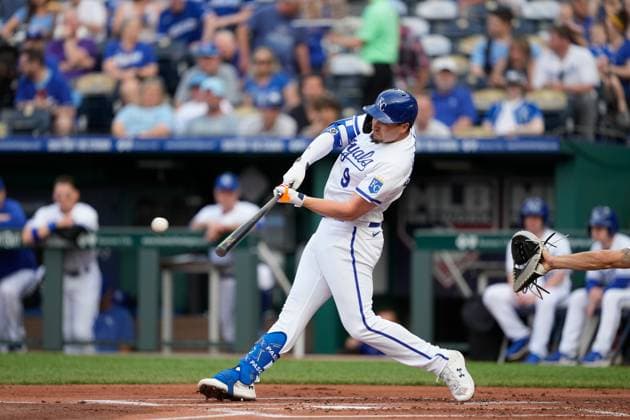 MAY 10, 2023: Kansas City Royals first baseman Vinnie Pasquantino (9) hits a double in the first inning at Kauffman Stadium Kansas City, Missouri. CSM. Kansas City United States - ZUMAc04_ 20230510_zaf_c04_059 Copyright: xJonxRobichaudx