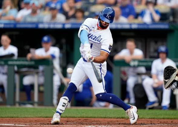 MAY 10, 2023: Kansas City Royals right fielder MJ Melendez (1) hits a single in the first inning at Kauffman Stadium Kansas City, Missouri. CSM. Kansas City United States - ZUMAc04_ 20230510_zaf_c04_060 Copyright: xJonxRobichaudx