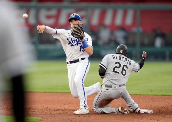 MAY 10, 2023: Kansas City Royals second baseman Michael Massey (19) records the first out of a double play at Kauffman Stadium Kansas City, Missouri. CSM. Kansas City United States - ZUMAc04_ 20230510_zaf_c04_064 Copyright: xJonxRobichaudx