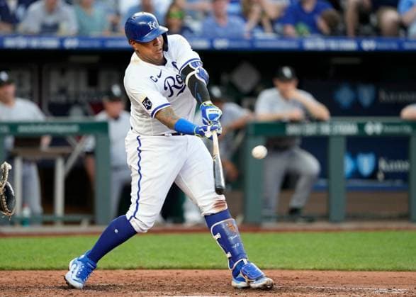 MAY 10, 2023: Kansas City Royals catcher Salvador Perez (13) drives the ball to deep right field in the 5th inning at Kauffman Stadium Kansas City, Missouri. CSM. Kansas City United States - ZUMAc04_ 20230510_zaf_c04_079 Copyright: xJonxRobichaudx