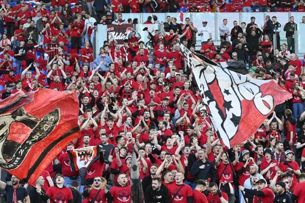 football Europa League match - Semifinal - AS Roma vs Bayer 04 Leverkusen Supporters of Bayer 04 Leverkusen during the first leg of the Semi-final of the UEFA Europa League between A.S. Roma vs Bayer 04 Leverkusen on May 11, 2023 at the Stadio Olimpico in Rome. Rome Olimpico stadium Italy Copyright: xDomenicoxCippitellix xLiveMediax LPS_935120