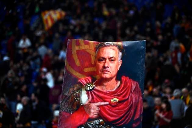 May 11, 2023, Rome: A banner for Romas head coach Jose Mourinho during the Europa League semi-final first leg soccer match between AS Roma and Bayer Leverkusen at the Olimpico stadium in Rome, Italy, 11 May 2023. ANSA RICCARDO ANTIMIANI Soccer: Europa League; Roma vs Bayer Leverkusen  - ZUMAa110 20230511_zaf_a110_120 Copyright: xRiccardoxAntimianix