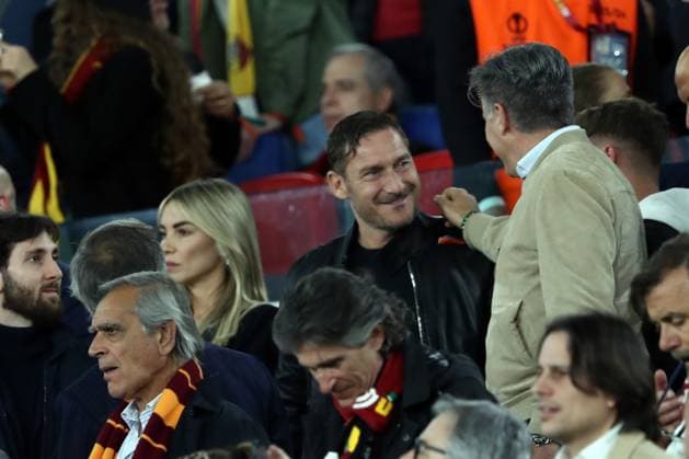 Rome, Italy 11.05.2023: Francesco Totti and Noemi Bocchi, son Cristian on the stand during the UEFA EUROPA LEAGUE 2022 2023, semifinal football match AS Roma vs Bayer 04 Leverkusen at Olympic stadium in Rome, Italy.  Copyright: xmarcoxiacobuccix xipa-agency.netx xmarcoxiacobuccix 0 IPA_IPA37876743