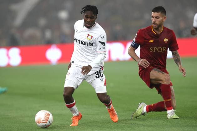 Rome, Italy 11.05.2023: Jeremie Frimpong of Leverkusen, Lorenzo Pellegrini of Roma in action during the UEFA EUROPA LEAGUE 2022 2023, semifinal football match AS Roma vs Bayer 04 Leverkusen at Olympic stadium in Rome, Italy.  Copyright: xmarcoxiacobuccix xipa-agency.netx xmarcoxiacobuccix 0 IPA_IPA37876777